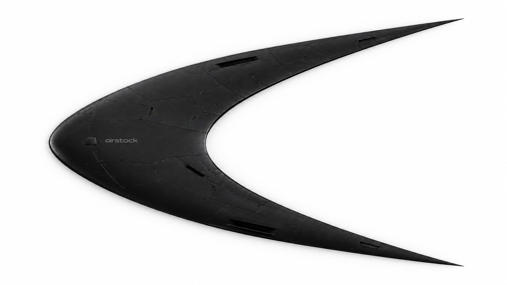 C-1, a matte black crescent-shaped concept aircraft, seen from above